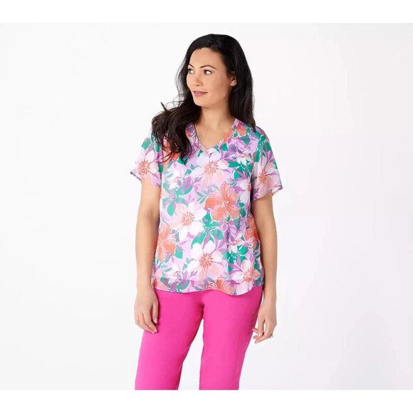 Denim & Co. Printed V-Neck Short-Sleeve Top Light Orchid Medium A378279 - Picture 1 of 1
